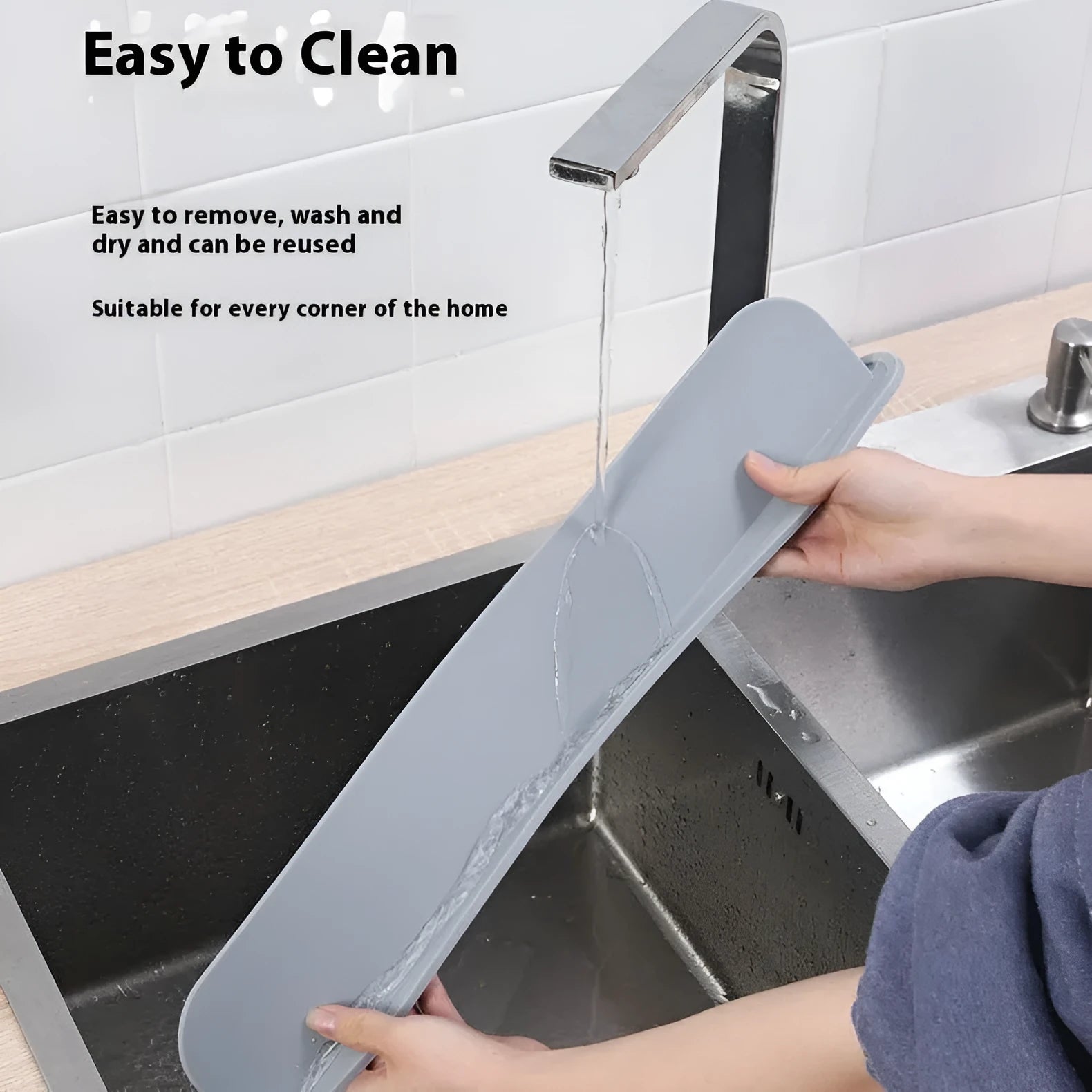 Silicone kitchen sink water blocking plate showing grey, blue and black colour options