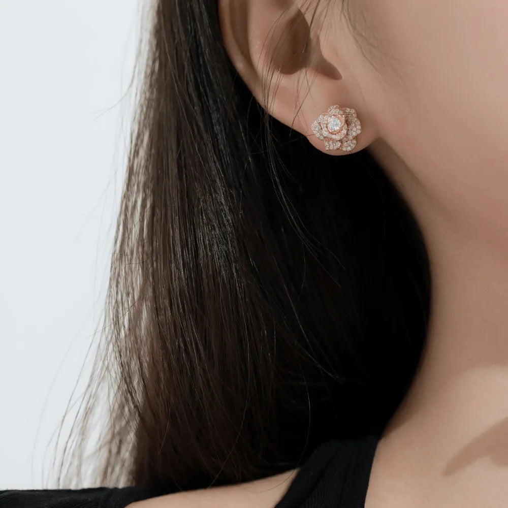 S925 sterling silver stud earrings with rose zircon inlay, flower and geometric shape, platinum or rose gold finish