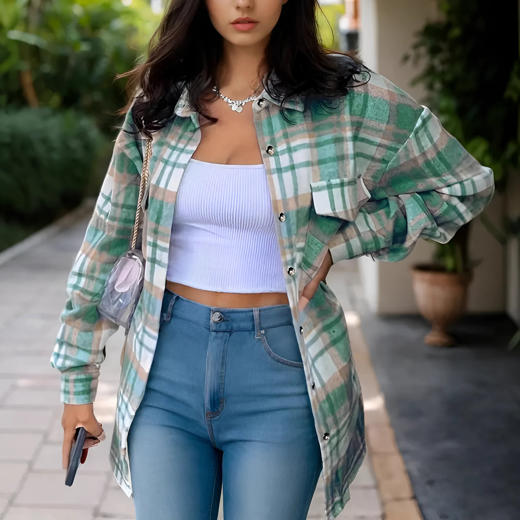Women's lapel plaid long sleeve shirt jacket in blue and green casual cardigan style polyester