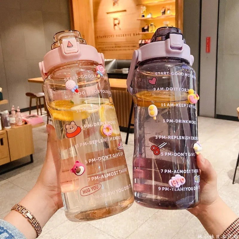 Large 2000ml plastic water bottle in Japanese style, plain design, available in multiple colours, with lid