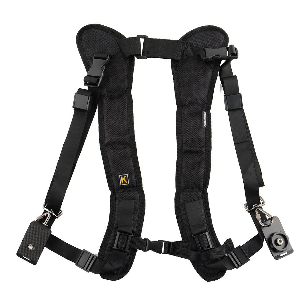 Black dual camera harness strap for two SLR cameras with shoulder padding