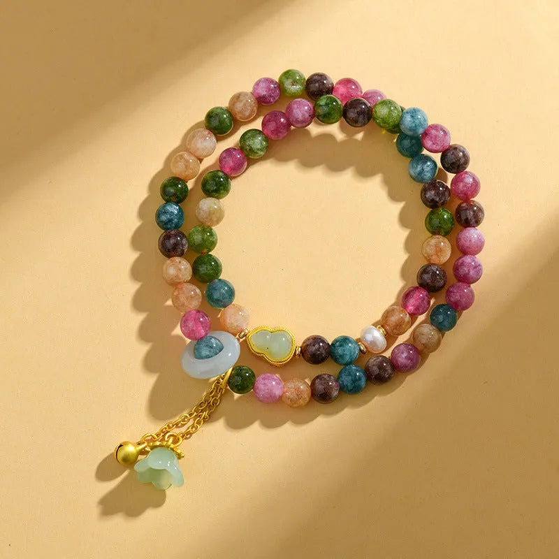 Women's double ring bracelet with geometric 6-6.5mm chalcedony beads in natural crystal tourmaline