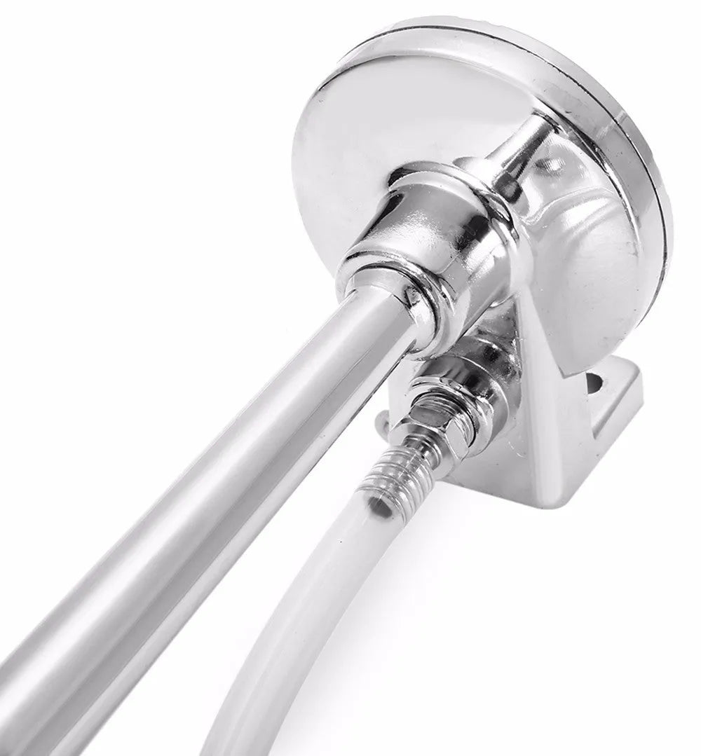 12V single trumpet loud car horn with chrome finish, 450mm length, on a white background