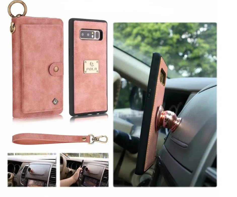 Black imitation leather Samsung Galaxy Note8 phone case with card slots, zipper wallet, and car holder function.