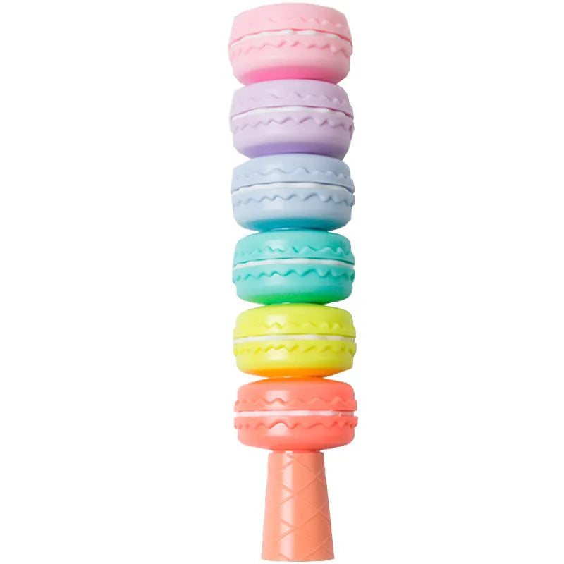 Set of six detachable fluorescent highlighter pens in pastel macaron colours, showing adjustable tip.