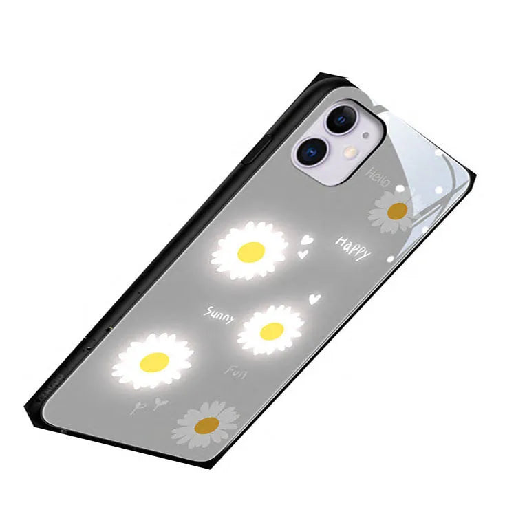 Luminous voice-activated iPhone case with painted daisy and broken flower designs on TPU protective shell