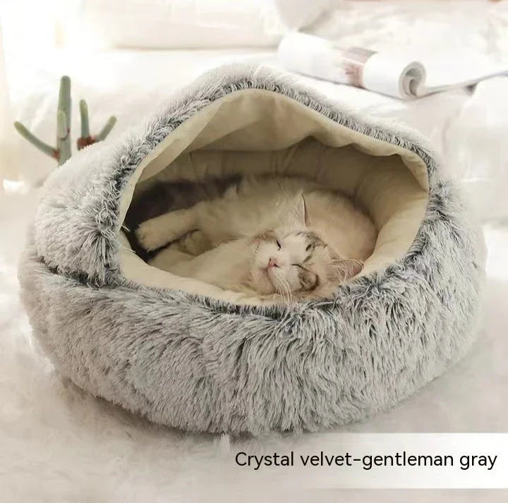 A soft, plush pet bed in various colors, including olive green, brown, pink, and grey, designed for the comfort and relaxation of cats and dogs.