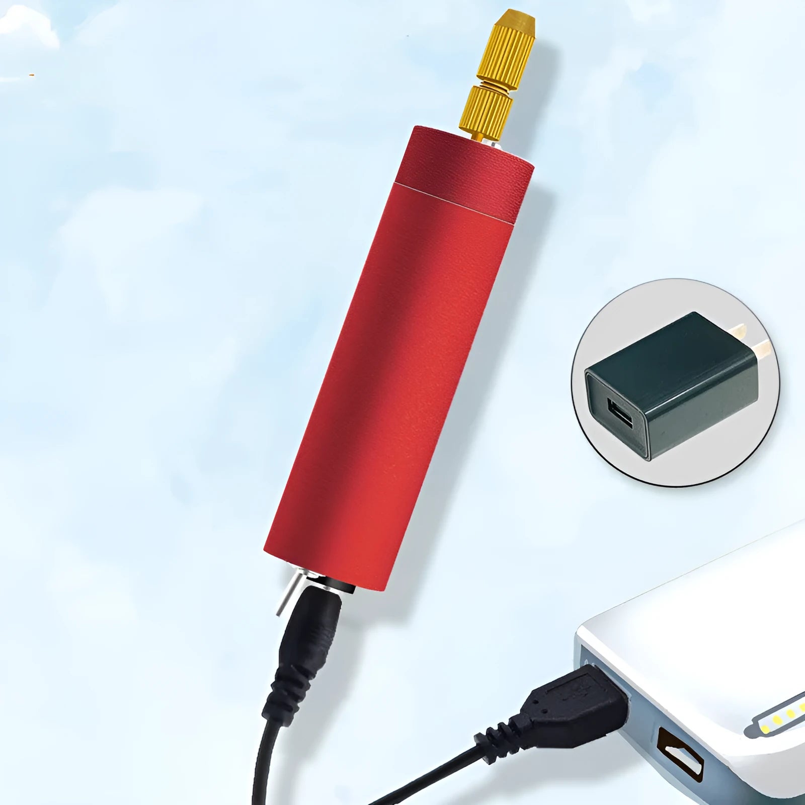 Micro USB electric grinder with three drill bits and wrench on a white background