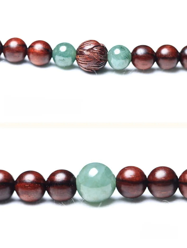 Carved rosewood bead bracelet with a Hotian Jade pendant, showing 6mm and 8mm size options.