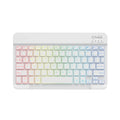 10-inch wireless Bluetooth keyboard with colourful backlighting on a desk next to a tablet.