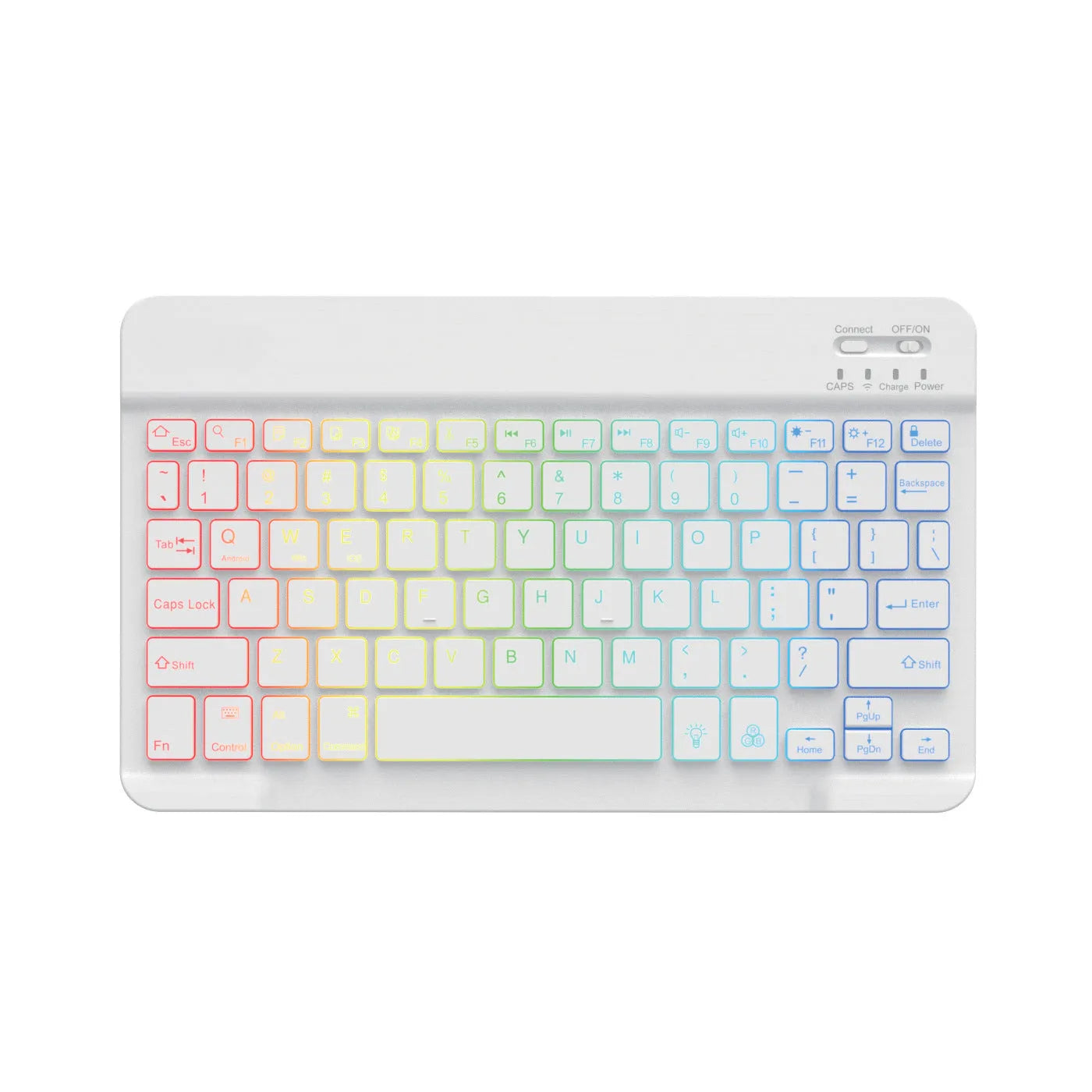 10-inch wireless Bluetooth keyboard with colourful backlighting on a desk next to a tablet.