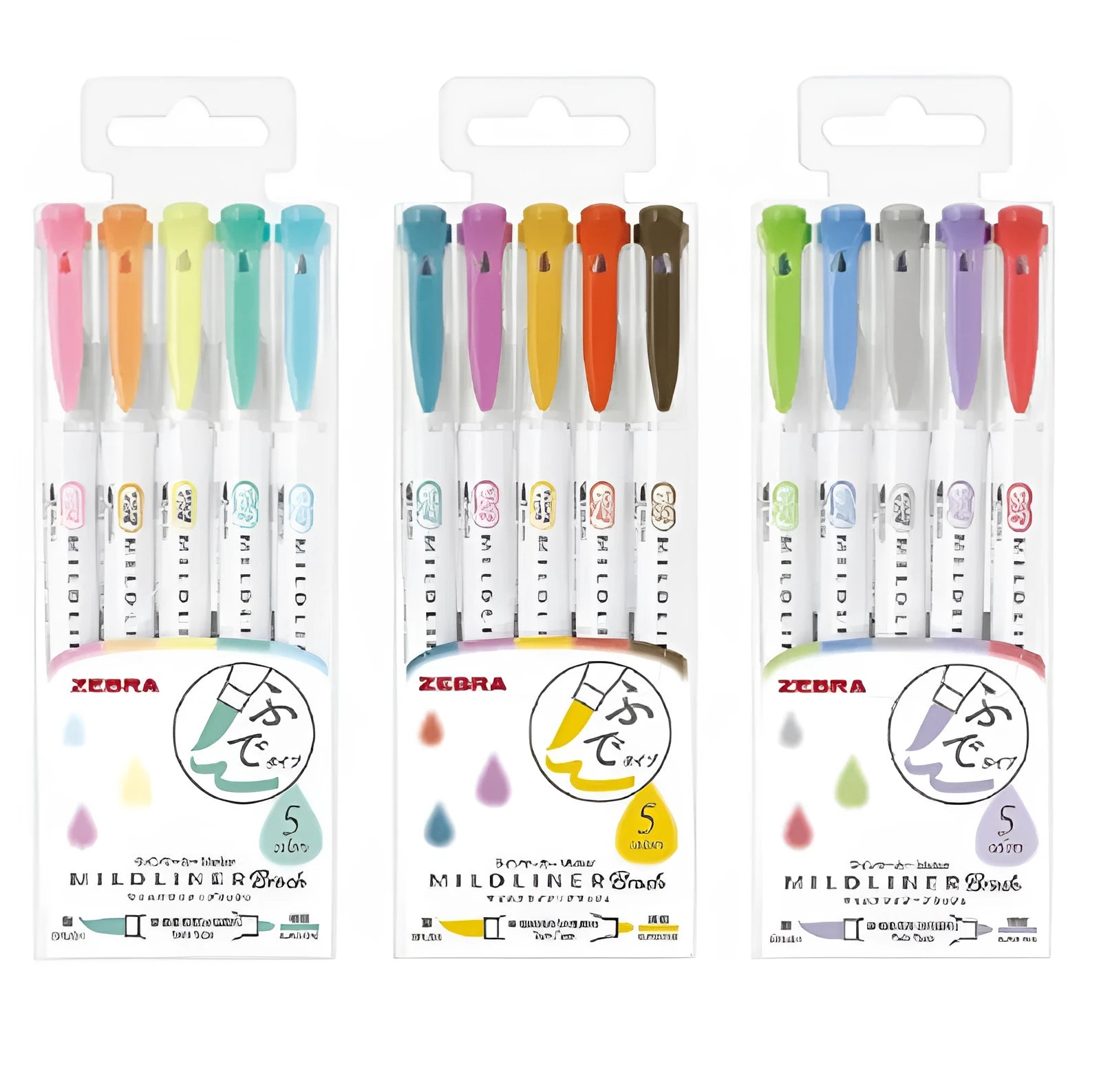 Double-sided highlighter pen with water-based ink, showing soft and round tips, in one of 15 available colours.