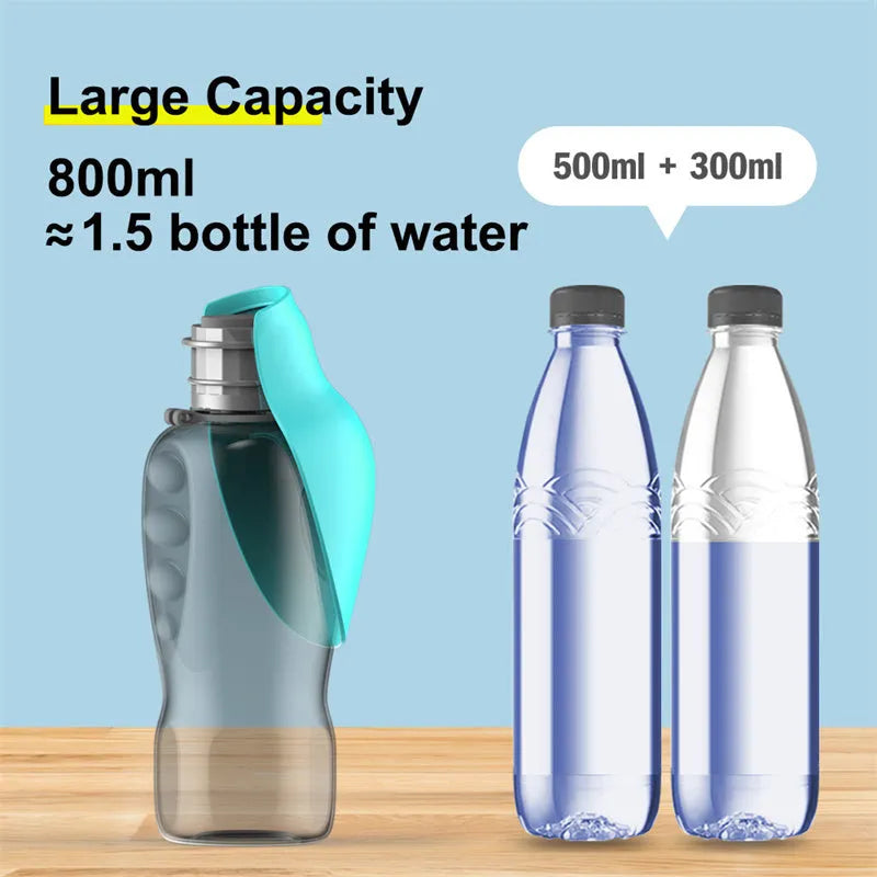 Blue grey portable dog water bottle with foldable drinking bowl showing 800ml capacity