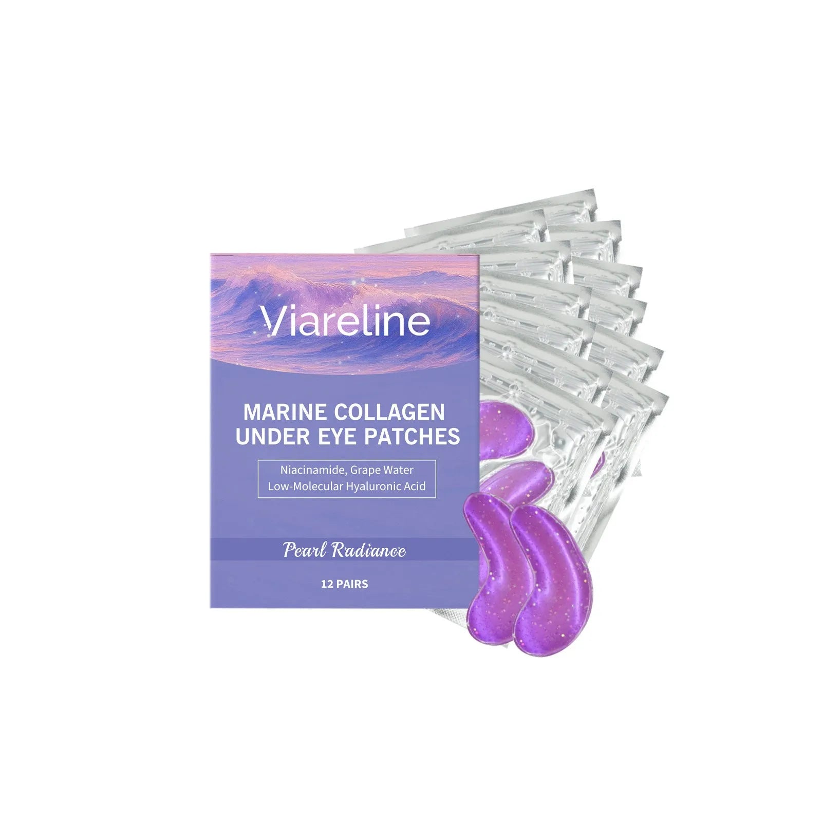 A box containing 12 pairs of collagen and hyaluronic acid eye masks for skincare.