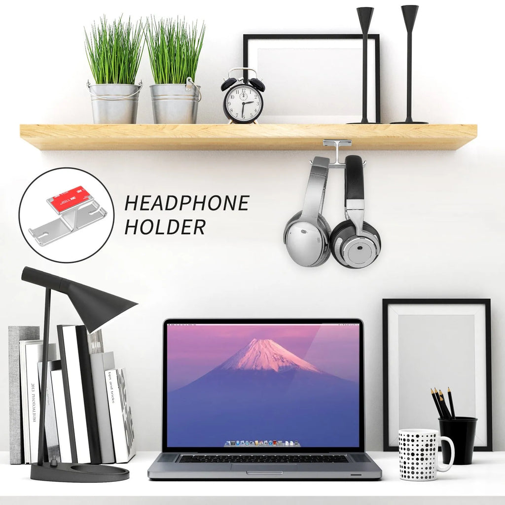 Under desk dual headphone hanger in aluminium alloy, 10 x 2.8 x 4.5cm, black or silver, holding two headphones.