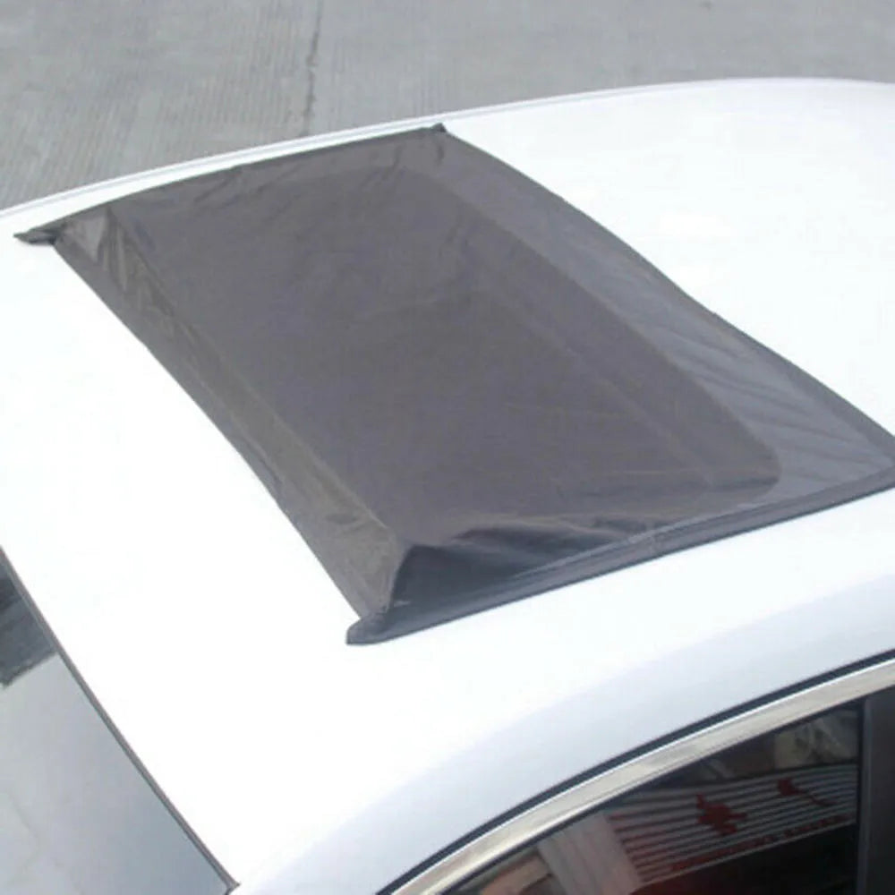 Black car sunroof sunshade, 95cm by 55cm, with silver coating and magnetic hardware for vehicle skylight.