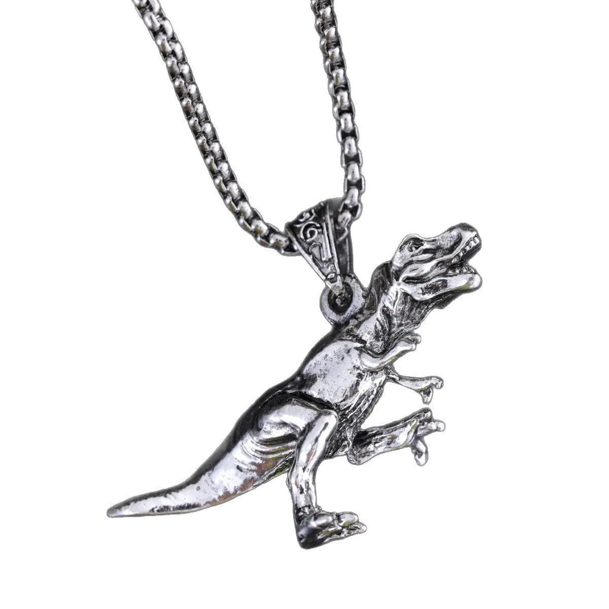 Titanium dinosaur pendant necklace in hip hop style, unisex versatile jewellery in dinosaur necklace colour