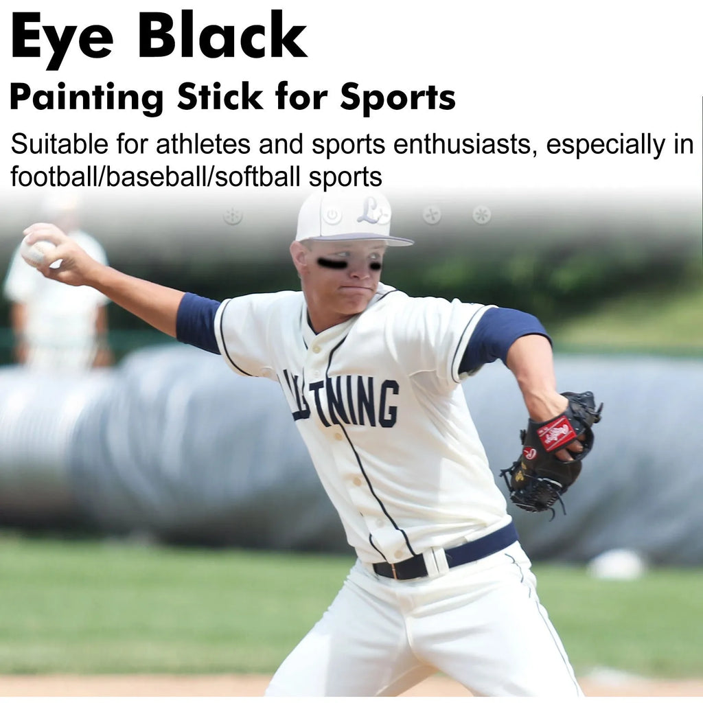 Sports eye black paint stick in compact 8.6cm case for sweat-proof glare reduction.