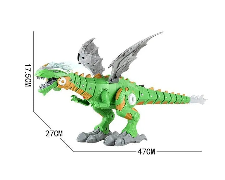 Intelligent robot toy dinosaur in white, spraying water mist with glowing light effects, walking on flat surface