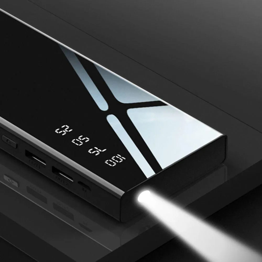 20000mAh power bank with LCD display showing battery percentage, dual USB ports, and LED light