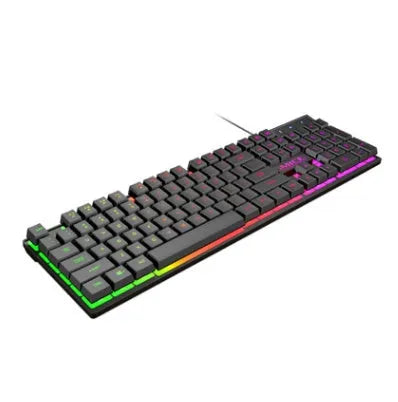 Black USB wired luminous gaming keyboard with frosted keycaps on a desk.