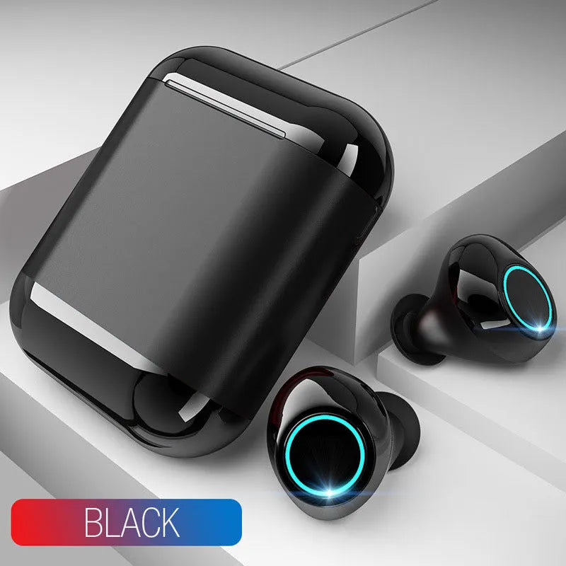 Black wireless Bluetooth TWS earbuds with charging case showing earpieces removed