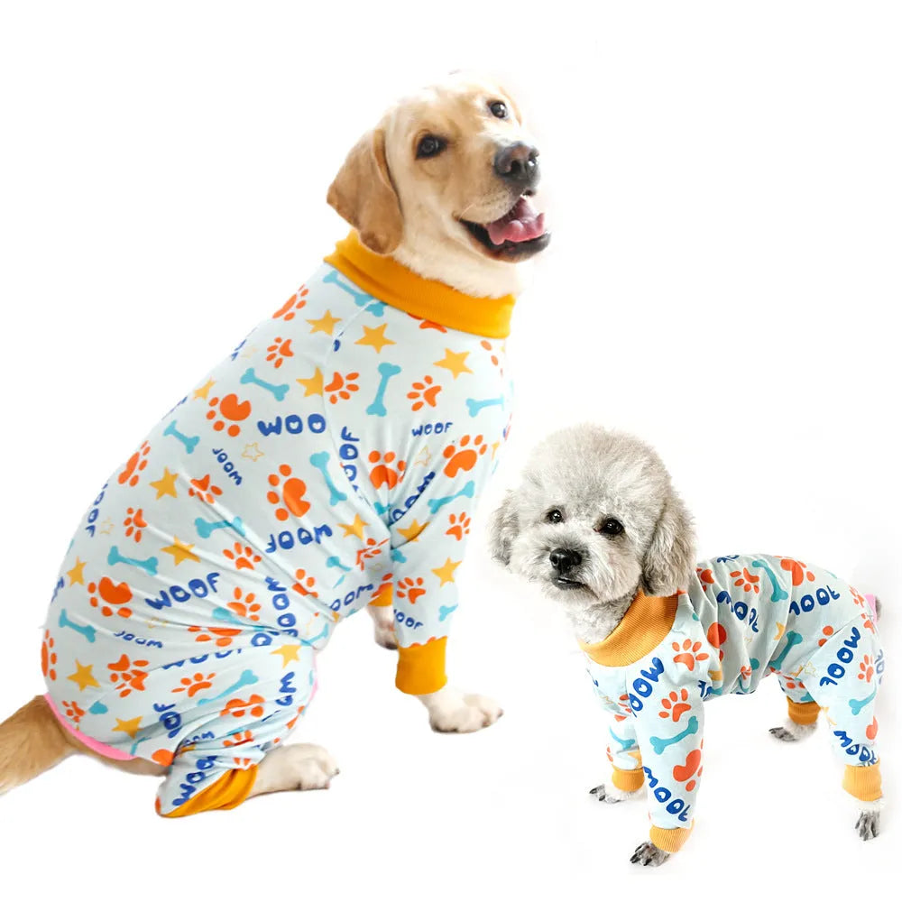 Cotton dog jumpsuit with cartoon print on small dog showing full-body coverage