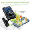 Black car Bluetooth FM transmitter with colour screen and dual USB ports plugged into a car dashboard