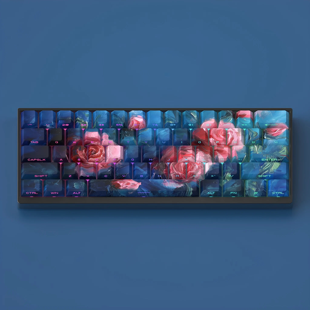 Oil painting style side carving transparent PBT keycaps in rose colour, 130 pieces for mechanical keyboards