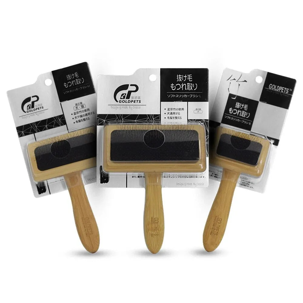 Goldpets bamboo handle pet slicker brush with stainless steel pins for grooming cats and dogs.