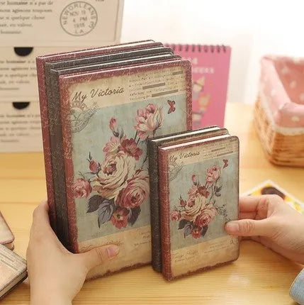 Hardcover notebook with retro floral cloth pattern in Lily, Peony, or White Rose designs, showing 25K and 50K sizes.