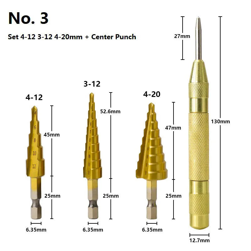 High speed steel cone step drill bit and centre punch set with numbered colour options on a workbench.