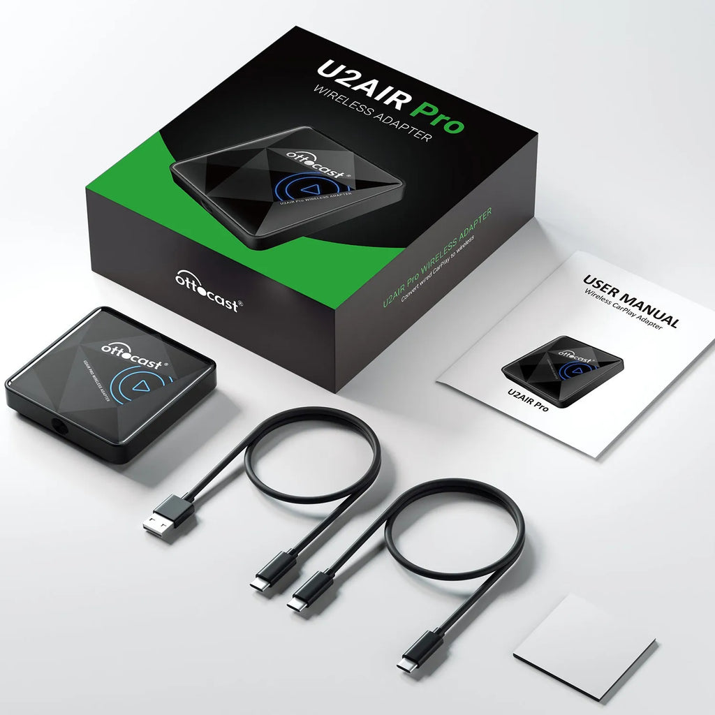 Black square Car Bluetooth AIBOX wireless adapter with Type-C port on a car dashboard.