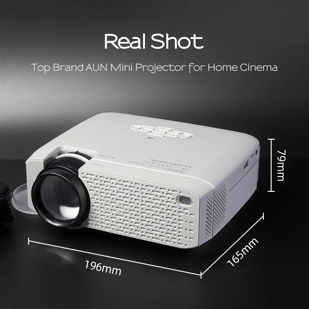 AUN D40W white mini LED projector with WiFi mirroring, USB port, and built-in speaker for home cinema