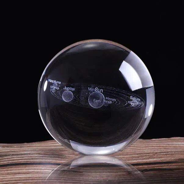 K9 crystal solar system ball with 3D engraved design, shown in 60mm, 80mm, or 100mm size with optional display base.