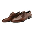 Men's black handmade cow leather derby shoes with a pointed toe and rubber sole.