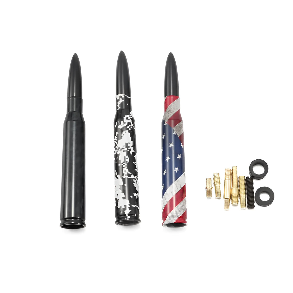 14cm bullet car antenna in black, camouflage green, and American flag finishes