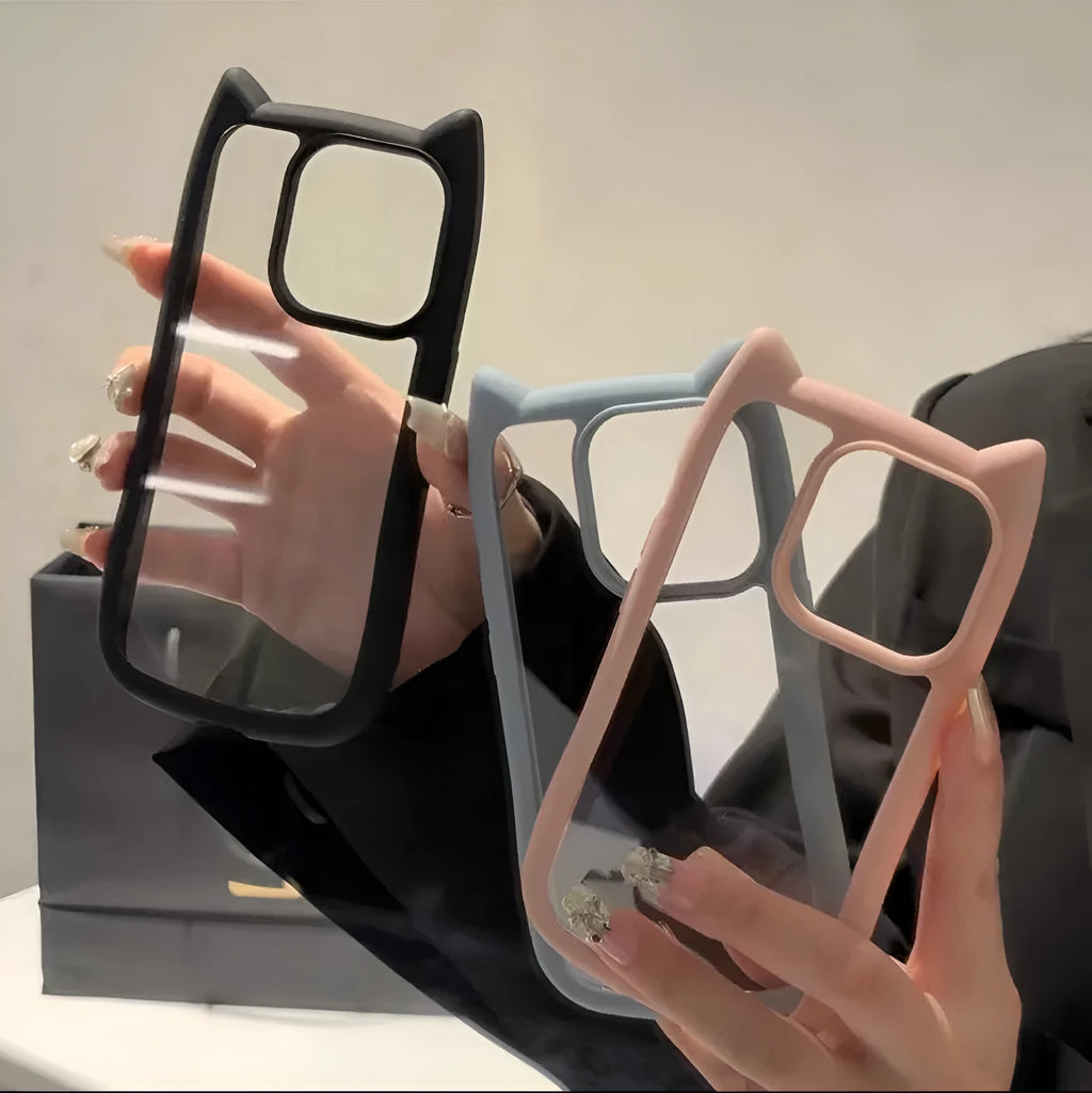 Cat ears phone case in transparent showing protective PC material for iPhone
