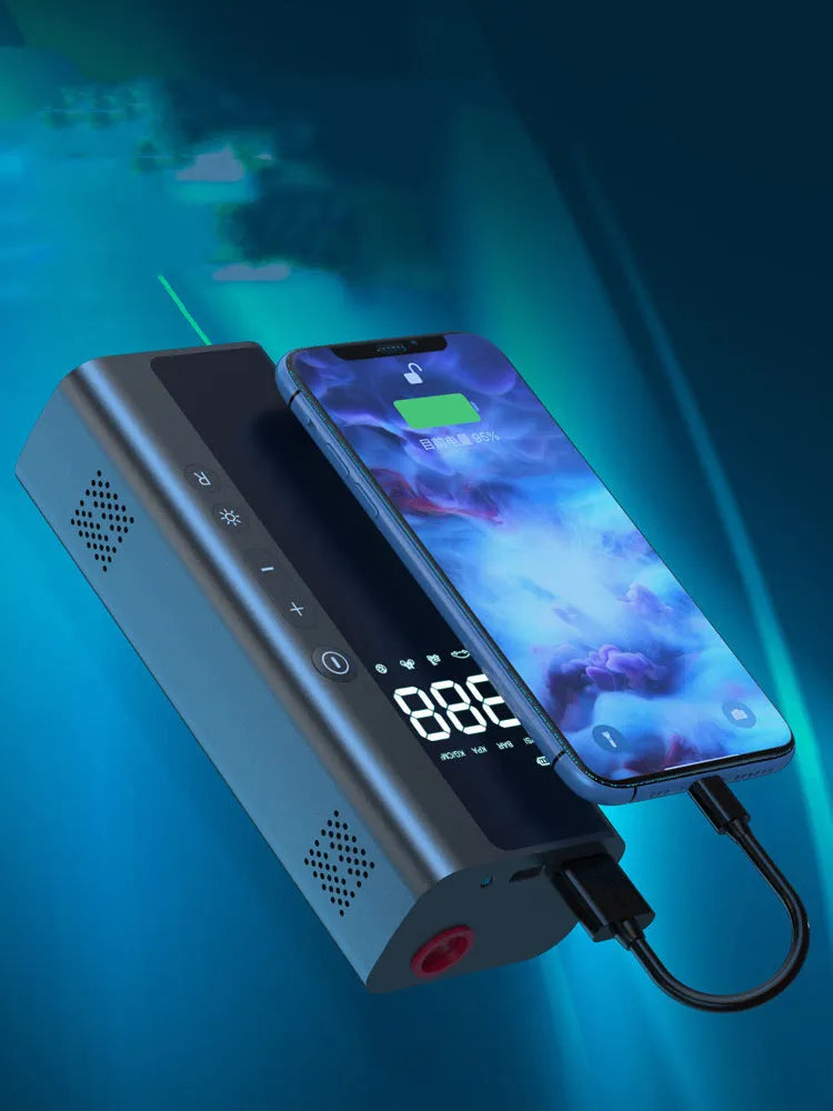Portable wireless digital air pump on a car tyre with LED light and USB cable