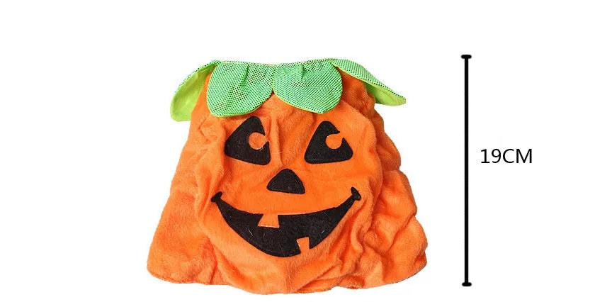 Yellow pumpkin-shaped pet costume with green leaf decoration for cats and small dogs