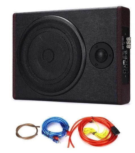 8-inch 600W car audio subwoofer with wooden enclosure and black PU leather finish