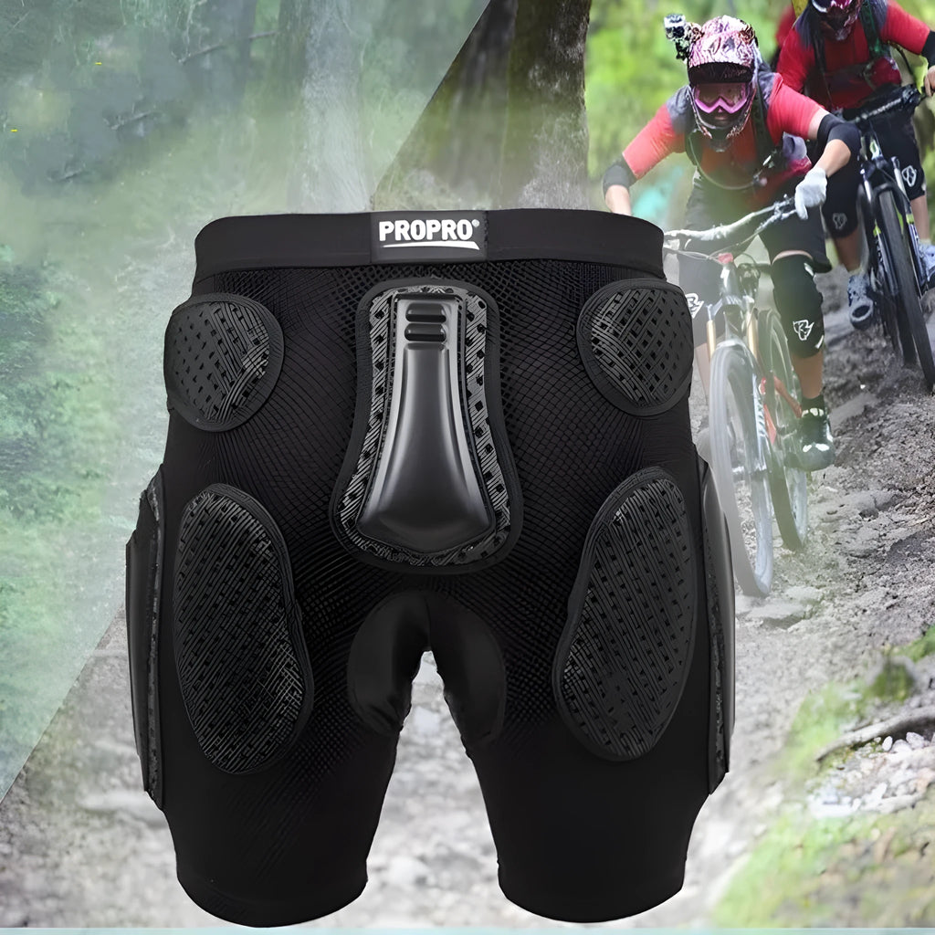Black cycling hip protection pants with padding around the hip area, shown in sports context