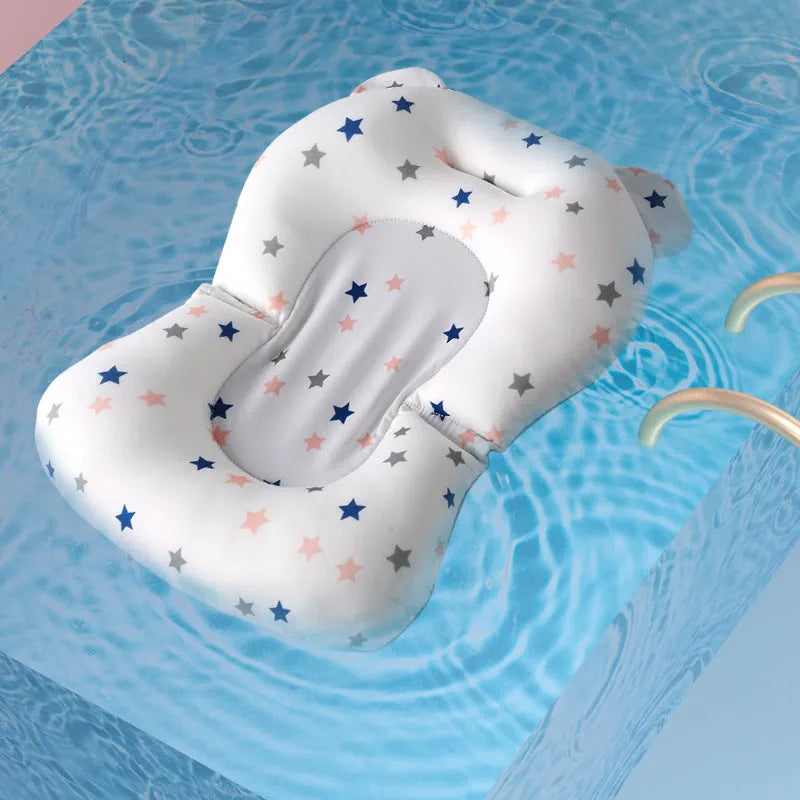 Foldable baby bath seat support mat in white with star pattern, anti-slip cushion for newborn bathing