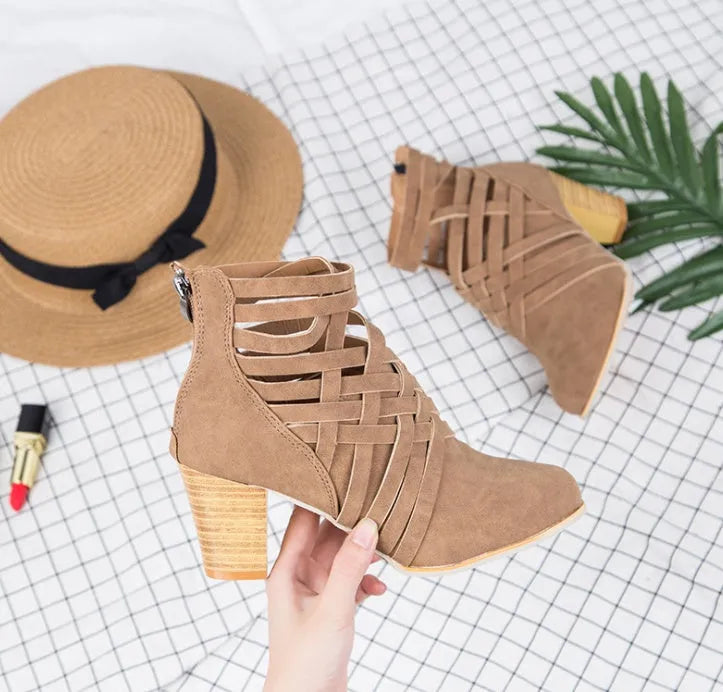 Women's suede thick heel hollow short boots with back zipper in camel colour