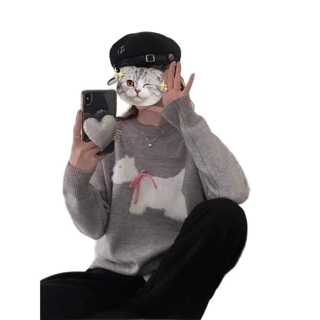 Puppy jacquard Korean pullover sweater in wool, free size, shown in wine red and gray with 3D stereo pattern