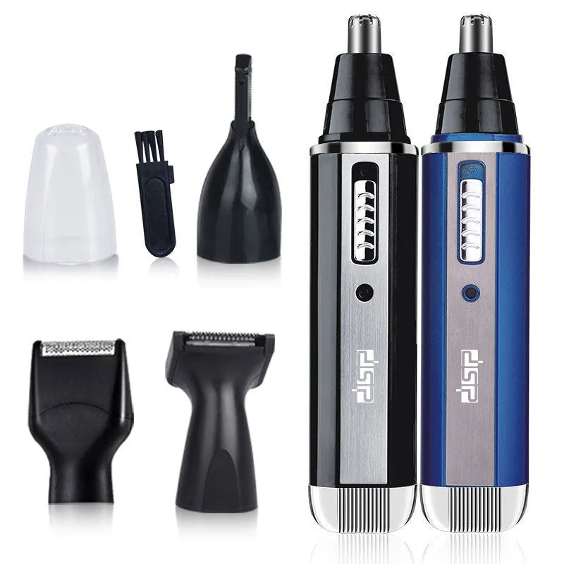 Blue electric shaver for facial hair trimming with sideburn, eyebrow and nose hair functions