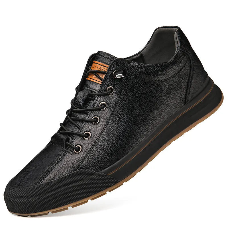 Men's white matte leather casual shoes with flat heel and round toe design