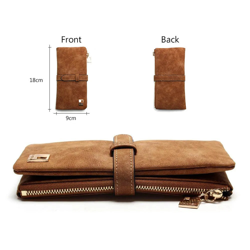 Korean-style retro matte leather-effect women's long wallet open showing interior card slots and organisation