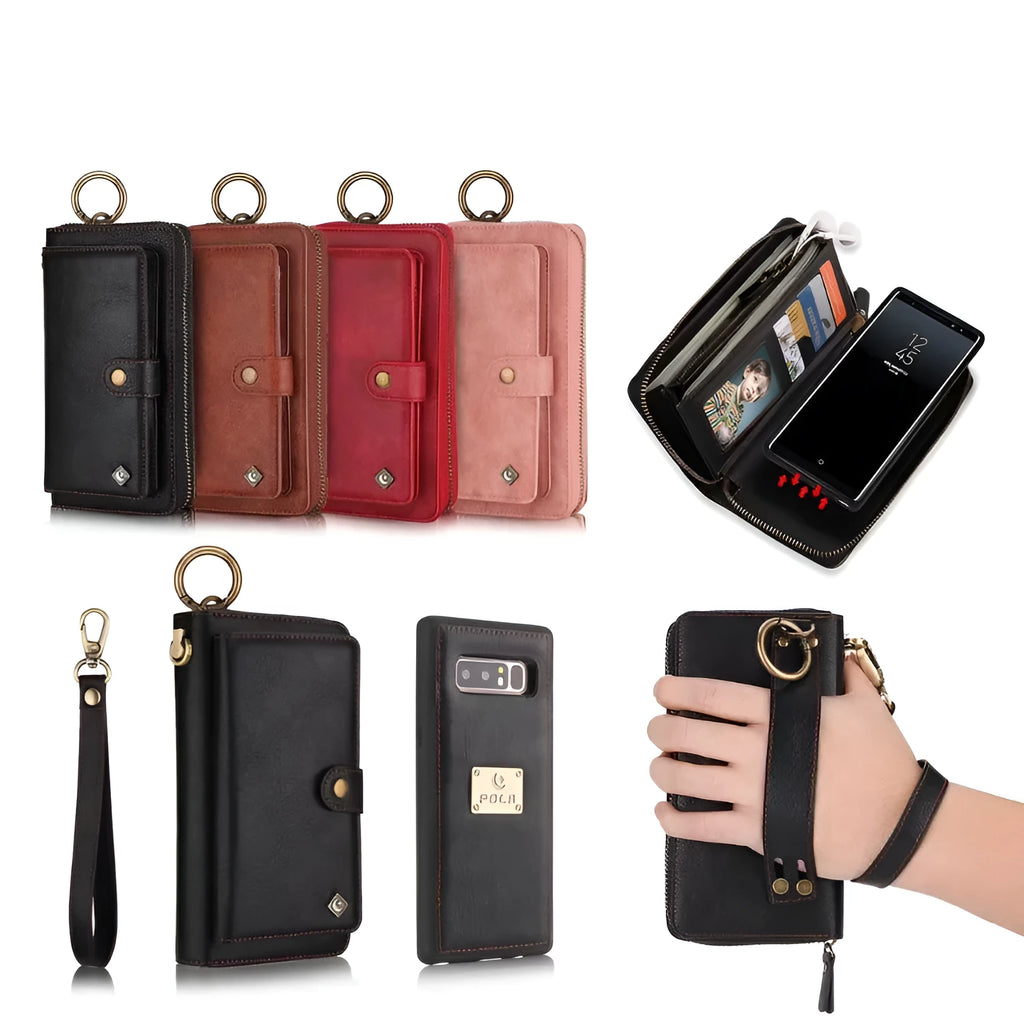 Black imitation leather Samsung Galaxy Note8 phone case with card slots, zipper wallet, and car holder function.