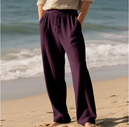 Men's solid colour straight leg trousers with drawstring waist in khaki, side view, size L